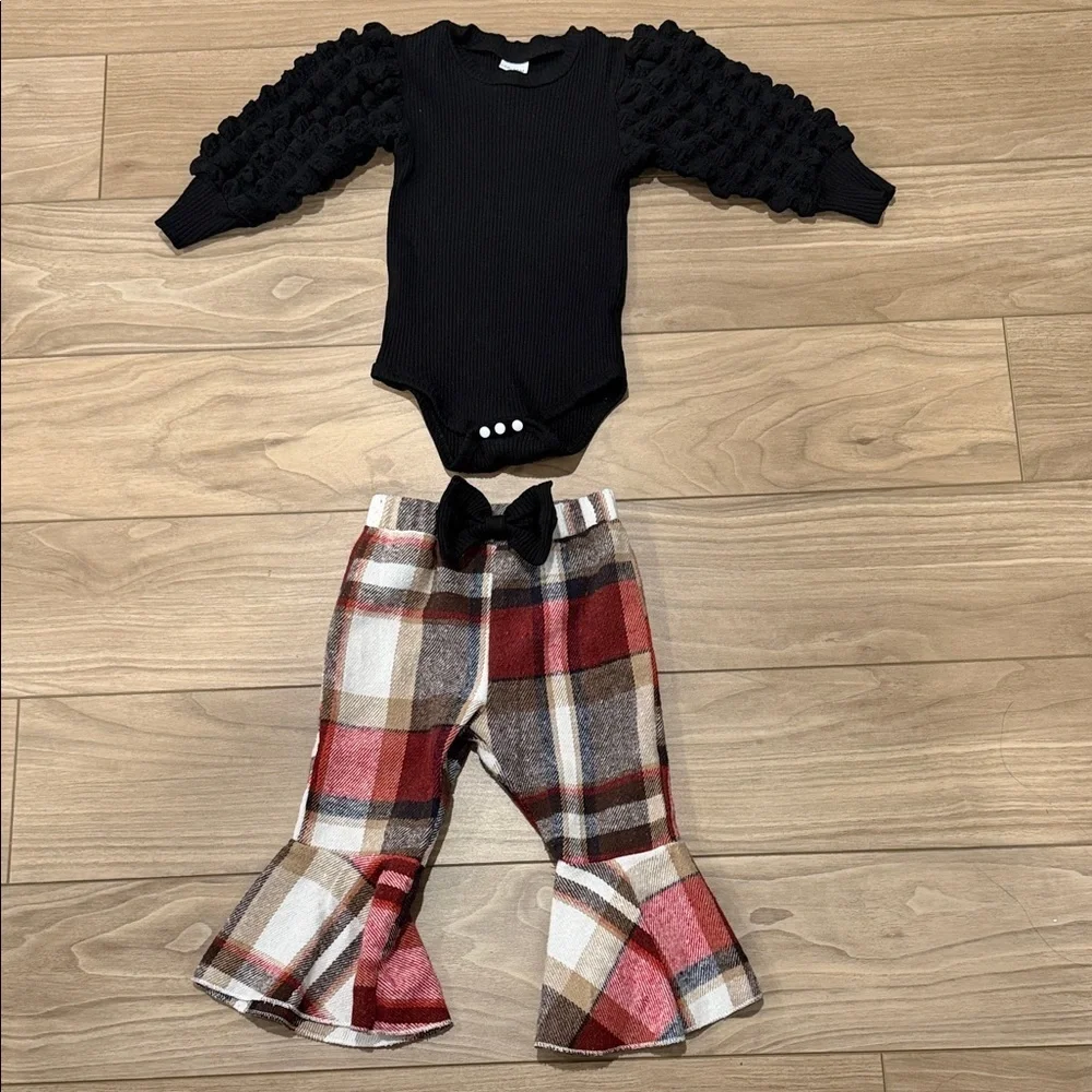 Black Puffy Sleeve Onesie with Plaid Flare Pants
